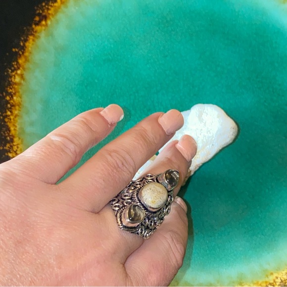 Indonesian Sea Fossil Coral + Smoky Quartz  vintage handcrafted ring - Picture 4 of 12